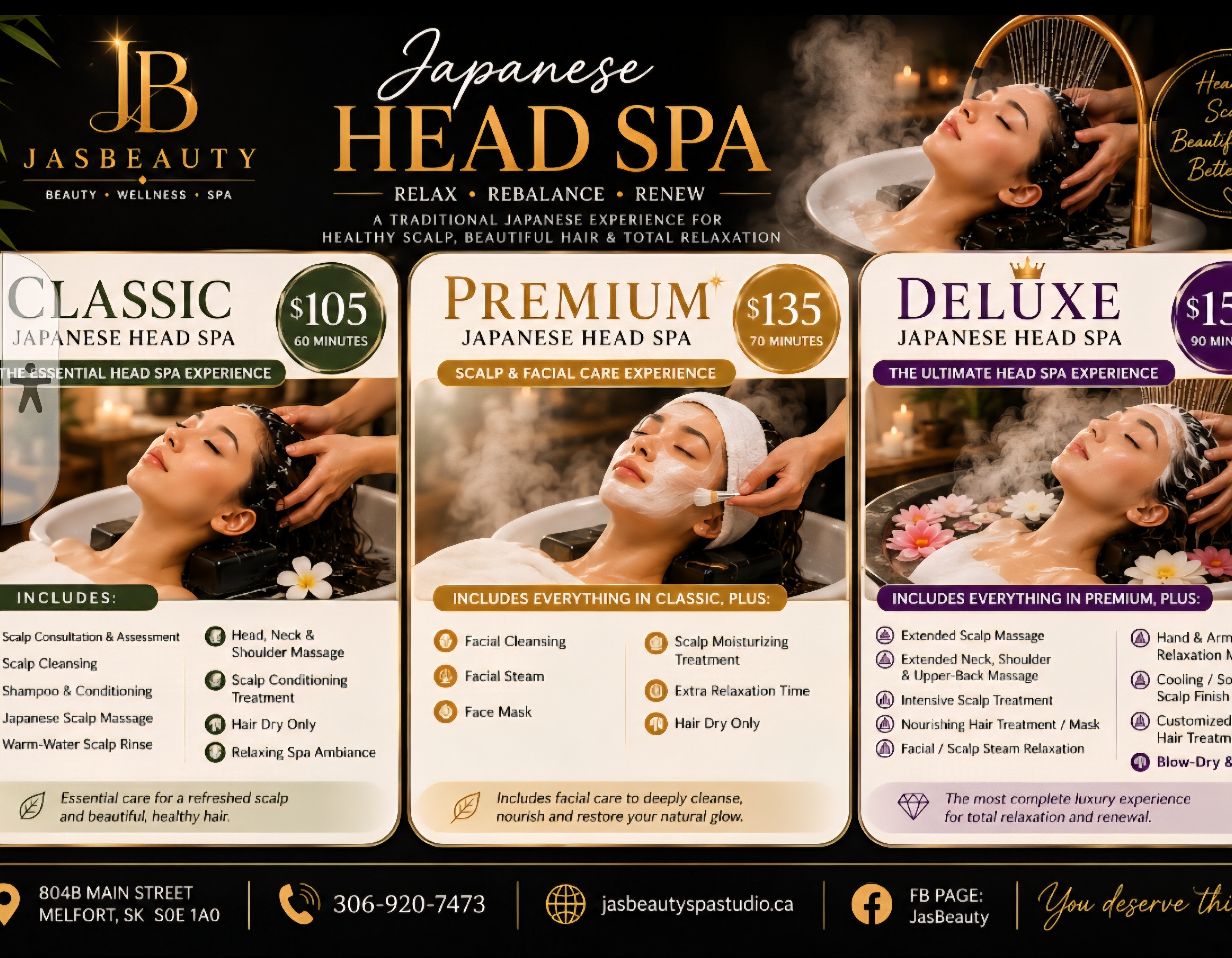 The exact Japanese Head Spa flyer supplied by Jasmin, showing Classic 60-minute, Premium 70-minute and Deluxe 90-minute packages.