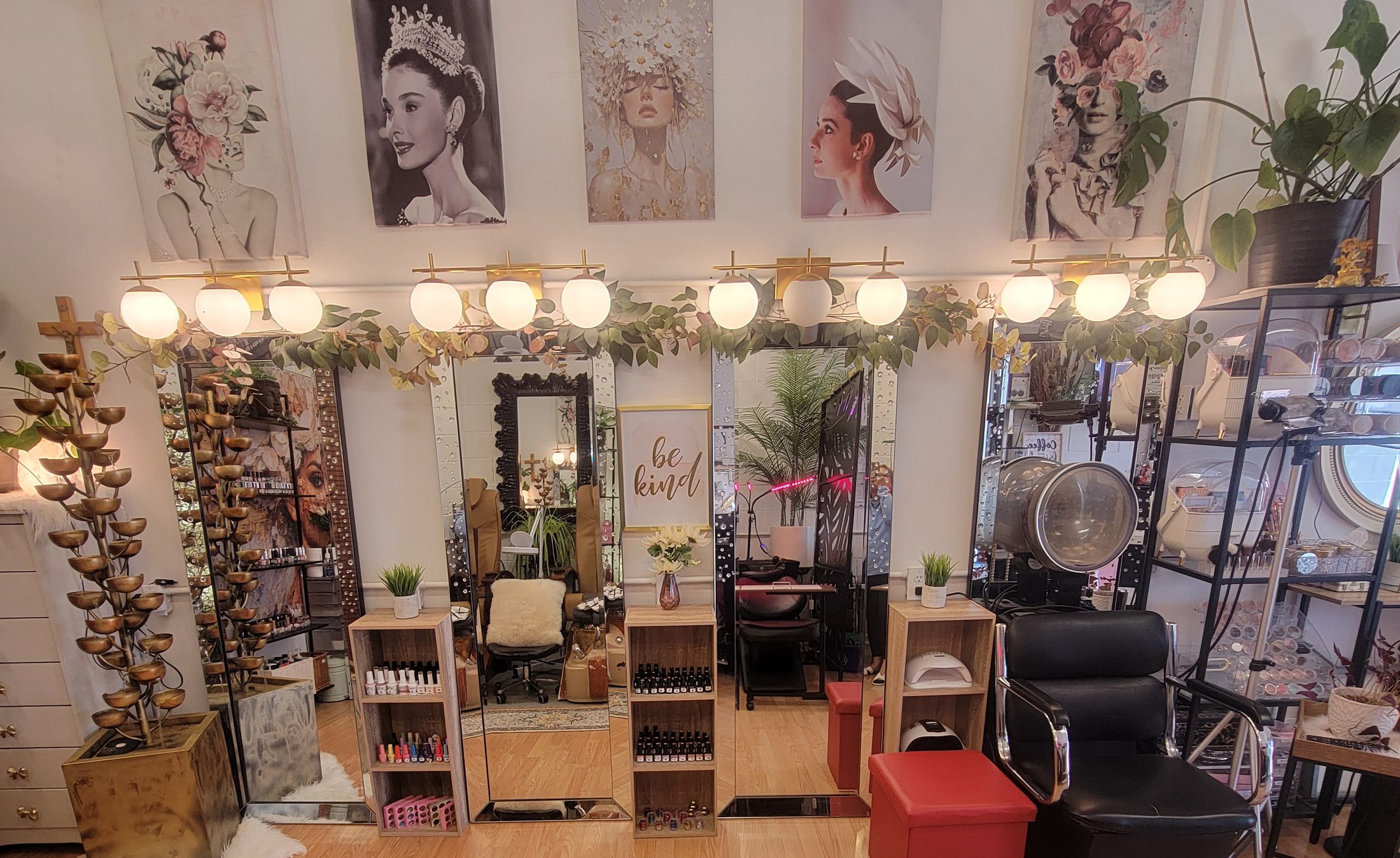 The styling wall: mirrors, globe lamps and portrait art