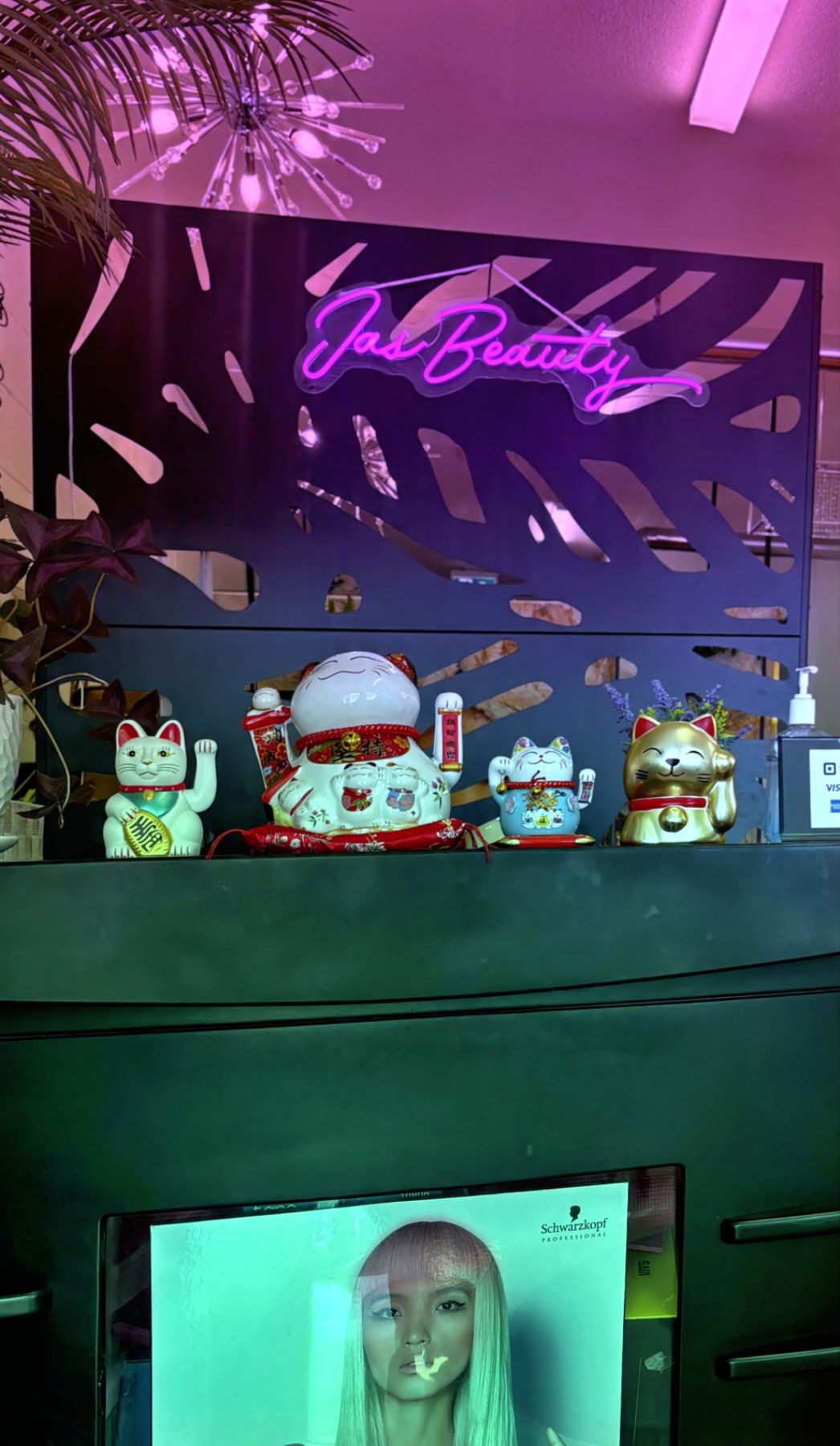 Lucky cat figurines lined up beneath the neon sign