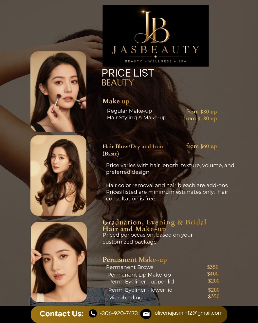 JasBeauty price list, Beauty: make up, hair blow/dry and iron, graduation, evening and bridal hair and make-up, and permanent make-up, with prices