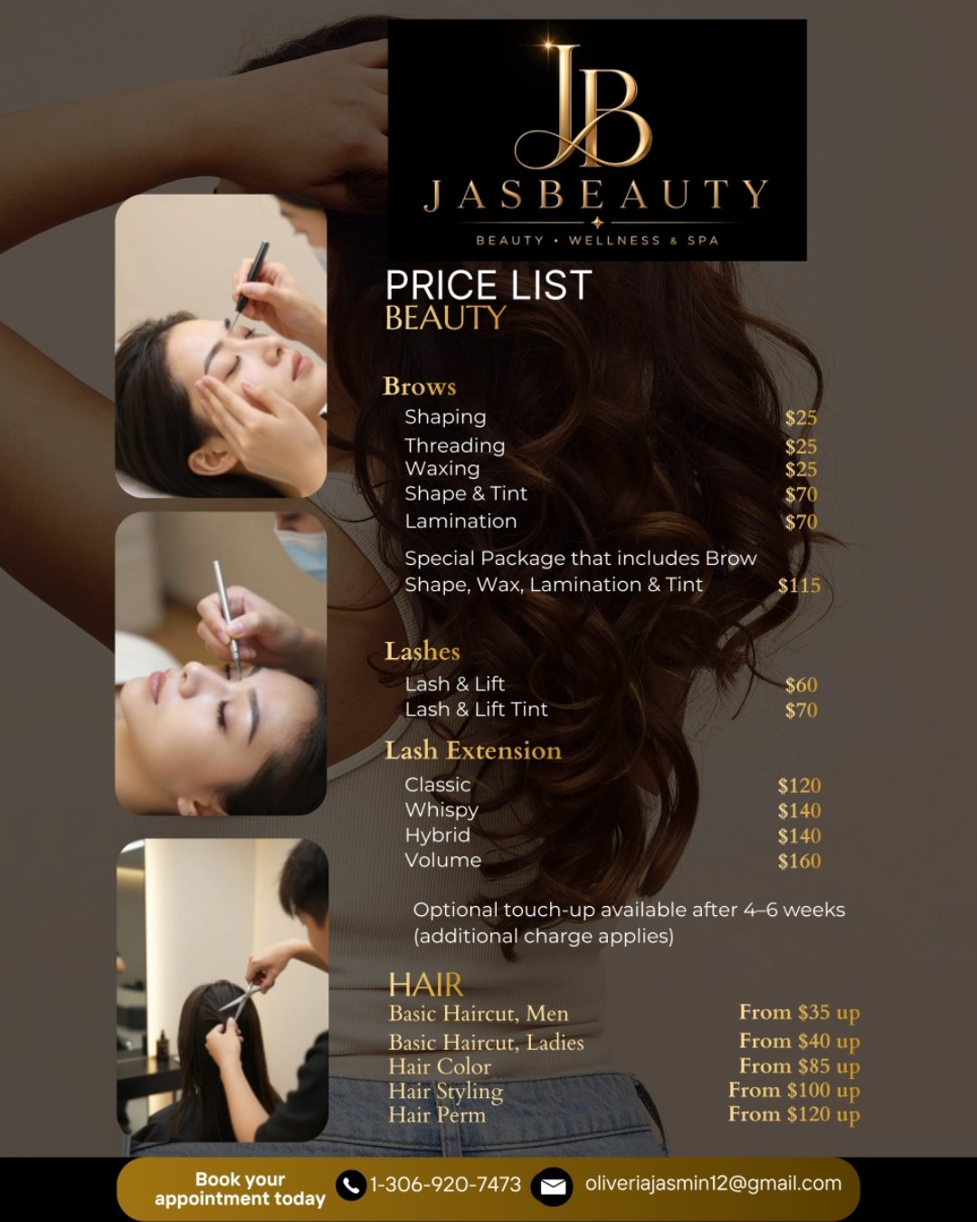 JasBeauty price list, Beauty: brows, lashes, lash extensions and haircuts, with prices