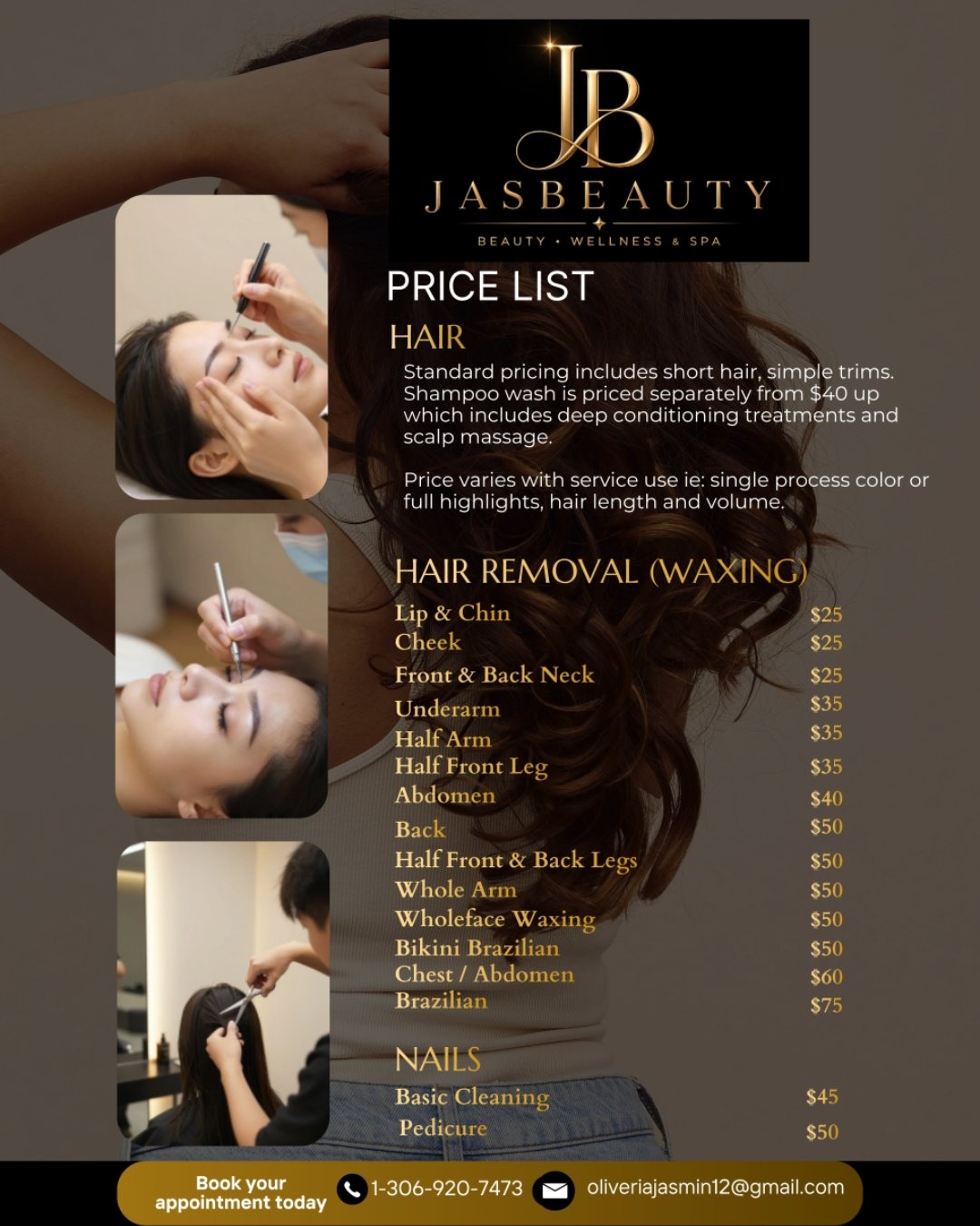 JasBeauty price list: hair pricing notes, hair removal waxing, and nails, with prices