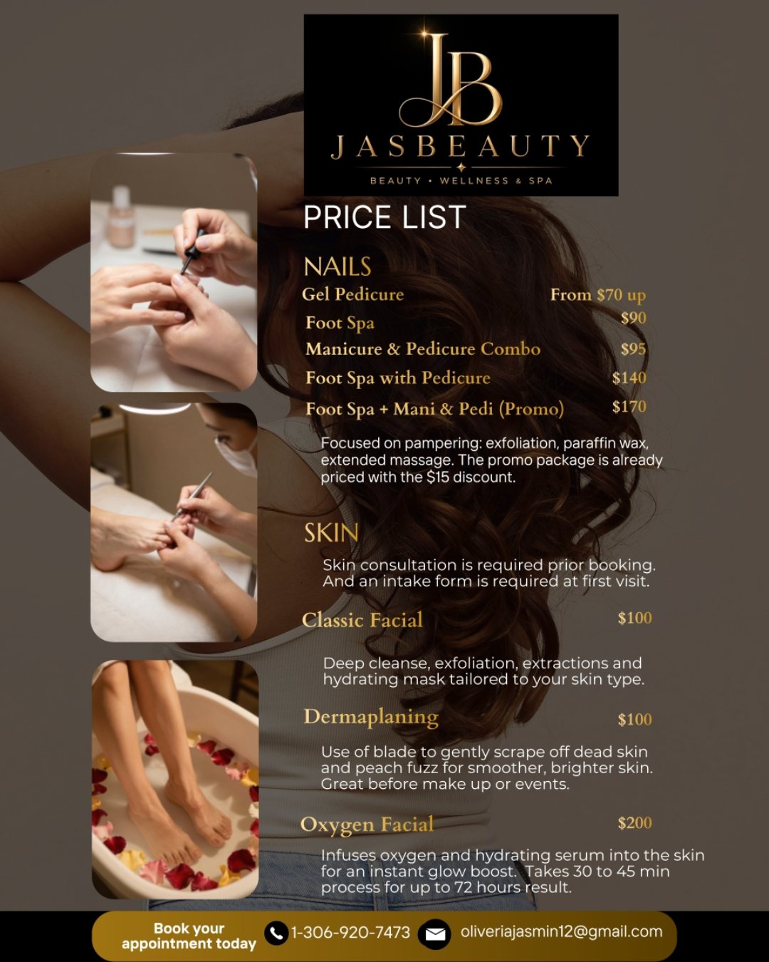 JasBeauty price list: nails and foot spa packages, and skin treatments including classic facial, dermaplaning and oxygen facial, with prices