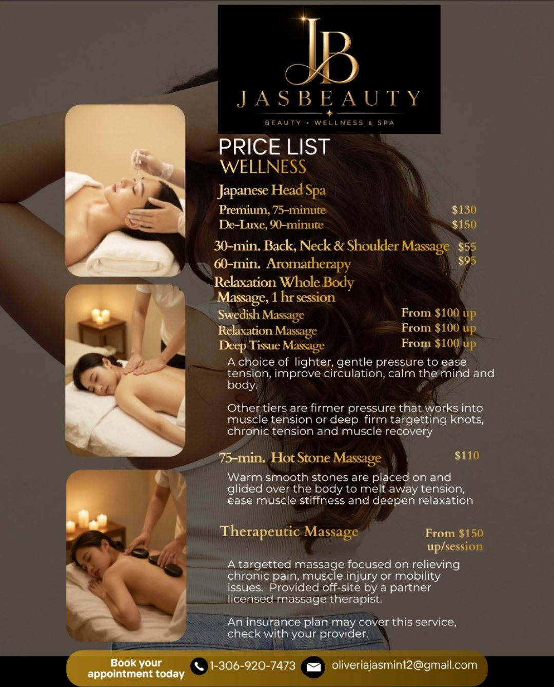 JasBeauty price list, Wellness: Japanese head spa, back neck and shoulder massage, aromatherapy, whole body massages, hot stone and therapeutic massage, with prices